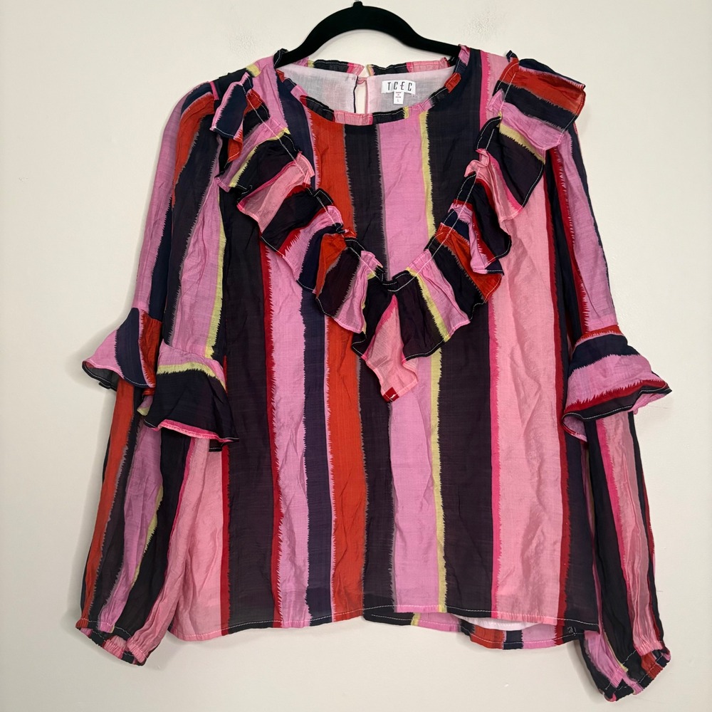 TCEC Anthropologie Ruffle Striped Blouse Womens Size L Long Sleeve Top
